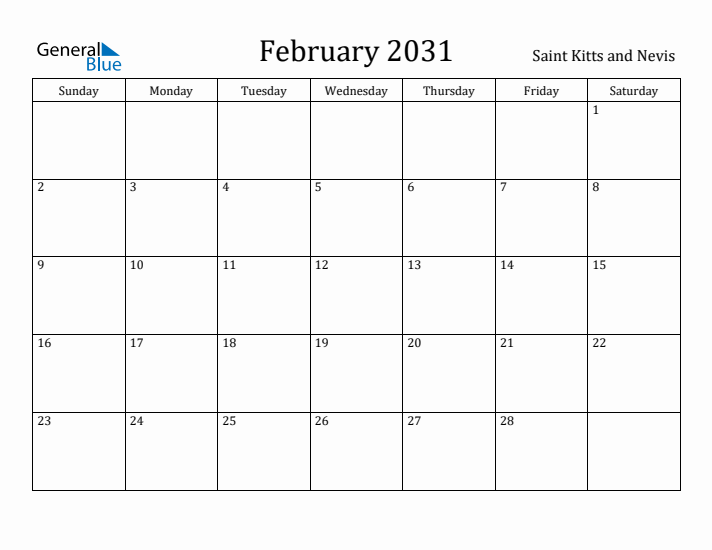 February 2031 Calendar Saint Kitts and Nevis