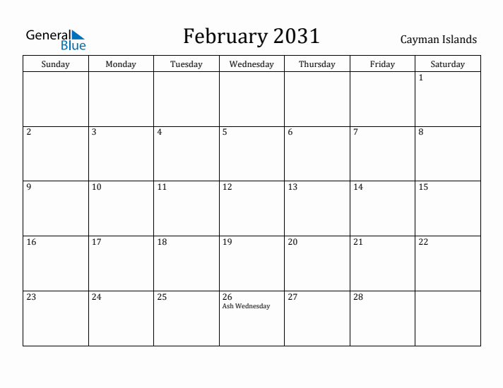 February 2031 Calendar Cayman Islands