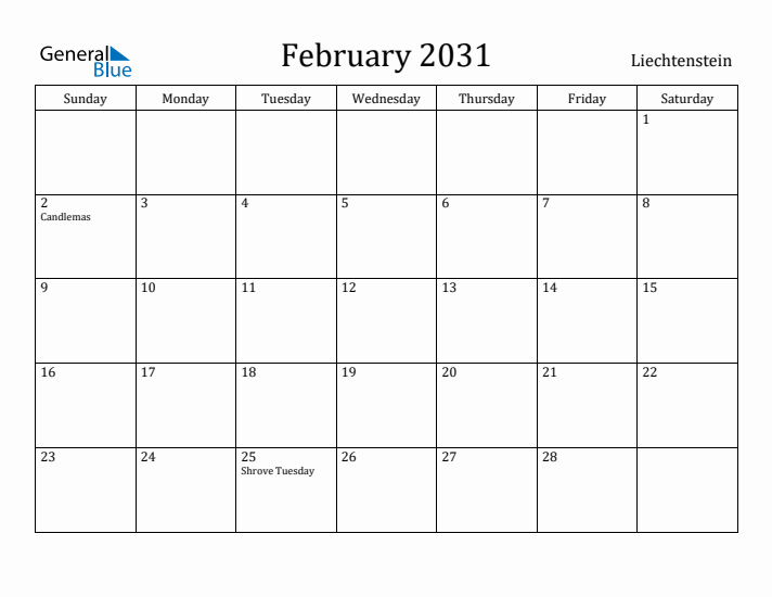 February 2031 Calendar Liechtenstein