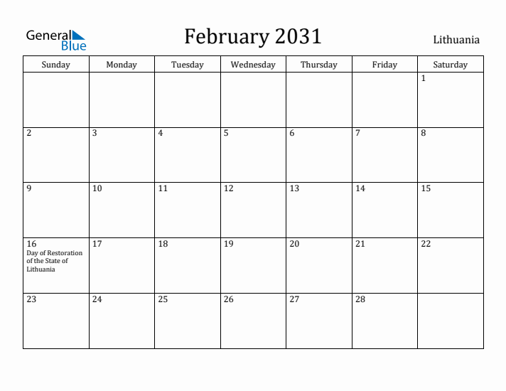 February 2031 Calendar Lithuania