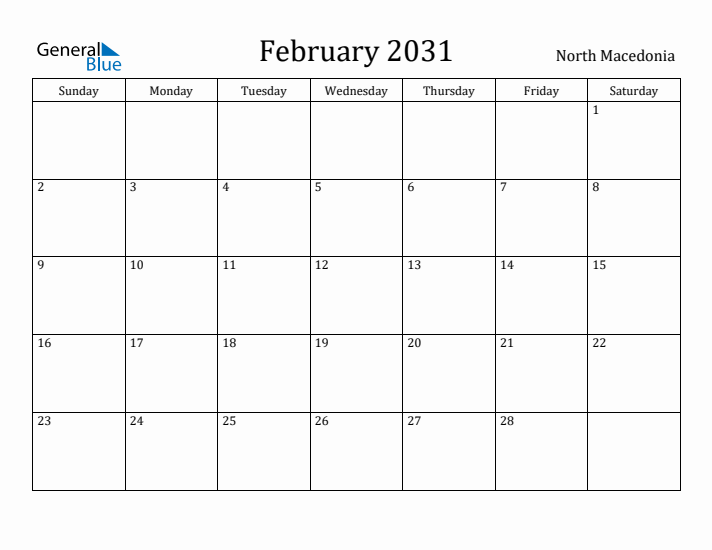 February 2031 Calendar North Macedonia