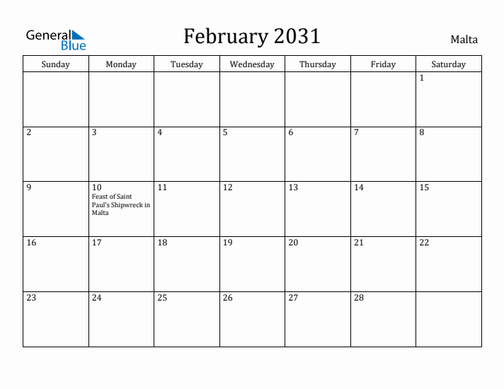 February 2031 Calendar Malta