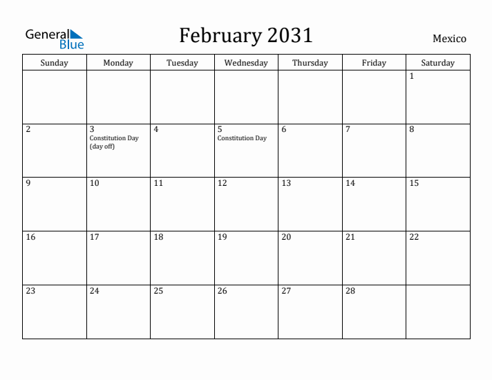 February 2031 Calendar Mexico