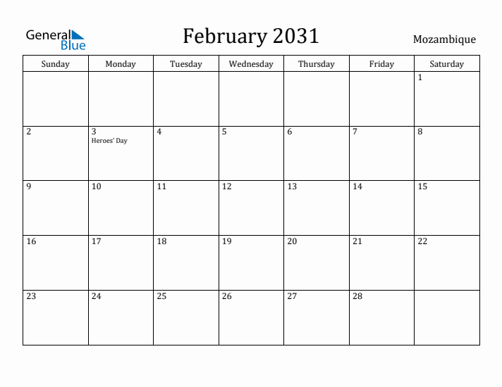 February 2031 Calendar Mozambique