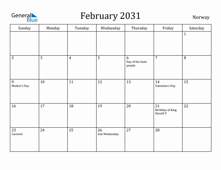 February 2031 Calendar Norway