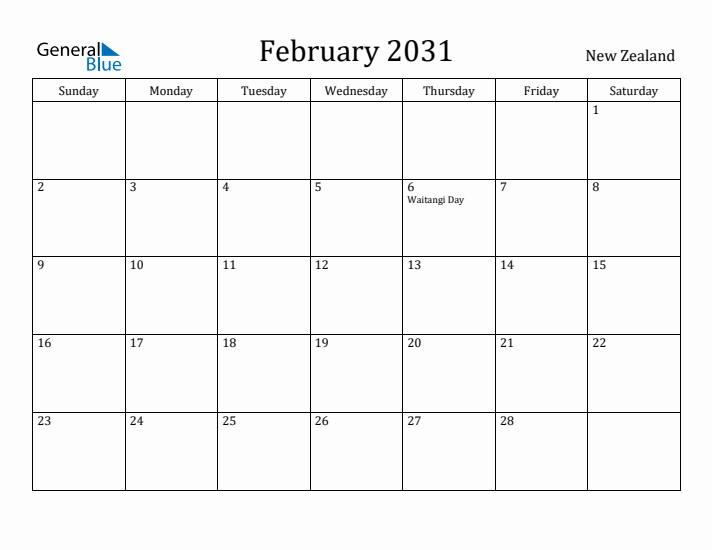 February 2031 Calendar New Zealand