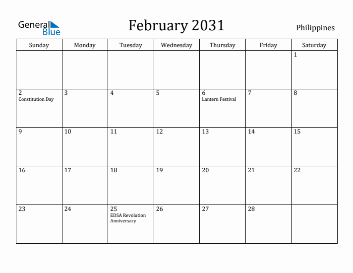 February 2031 Calendar Philippines