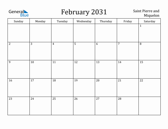 February 2031 Calendar Saint Pierre and Miquelon