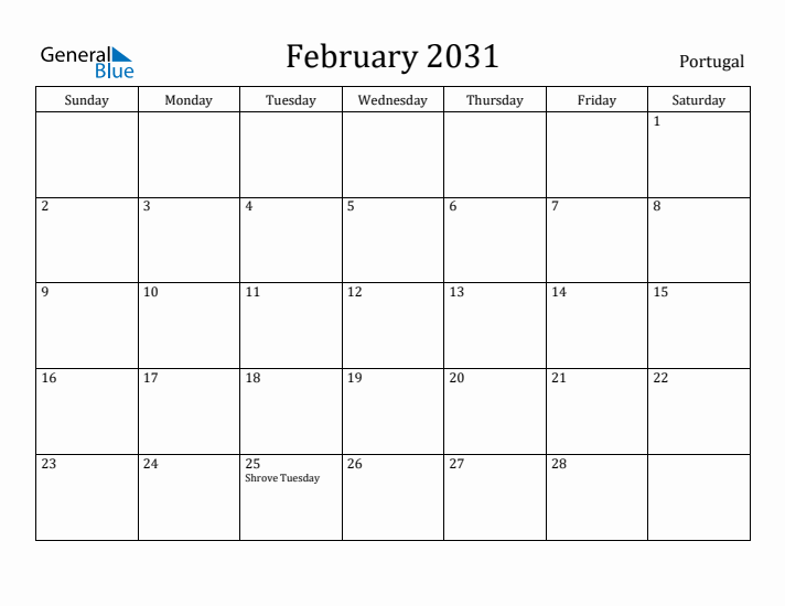 February 2031 Calendar Portugal