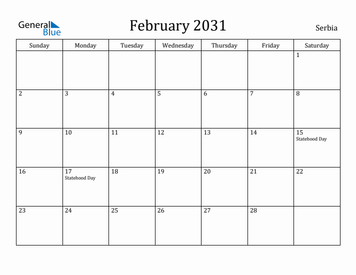 February 2031 Calendar Serbia
