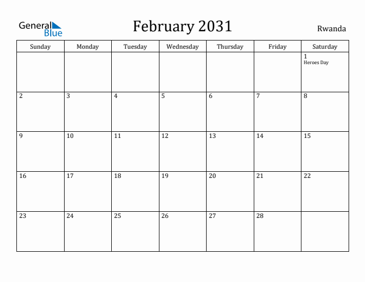 February 2031 Calendar Rwanda