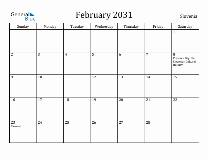 February 2031 Calendar Slovenia