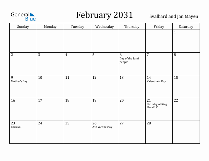 February 2031 Calendar Svalbard and Jan Mayen