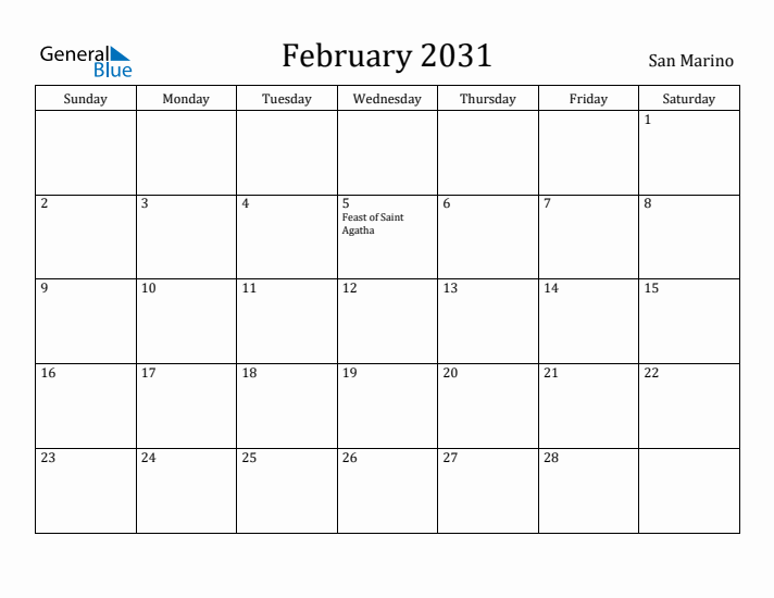 February 2031 Calendar San Marino