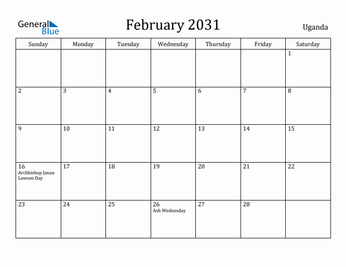 February 2031 Calendar Uganda