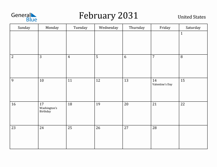 February 2031 Calendar United States