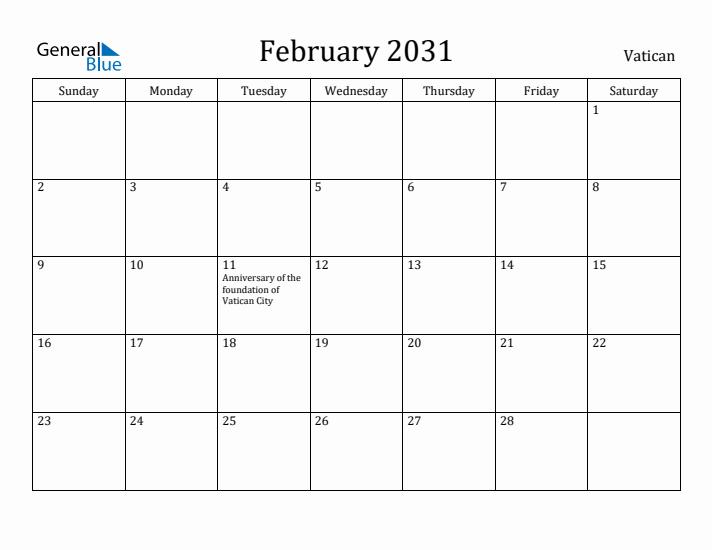 February 2031 Calendar Vatican