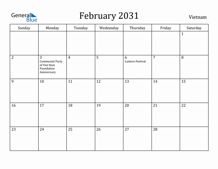 February 2031 Calendar Vietnam