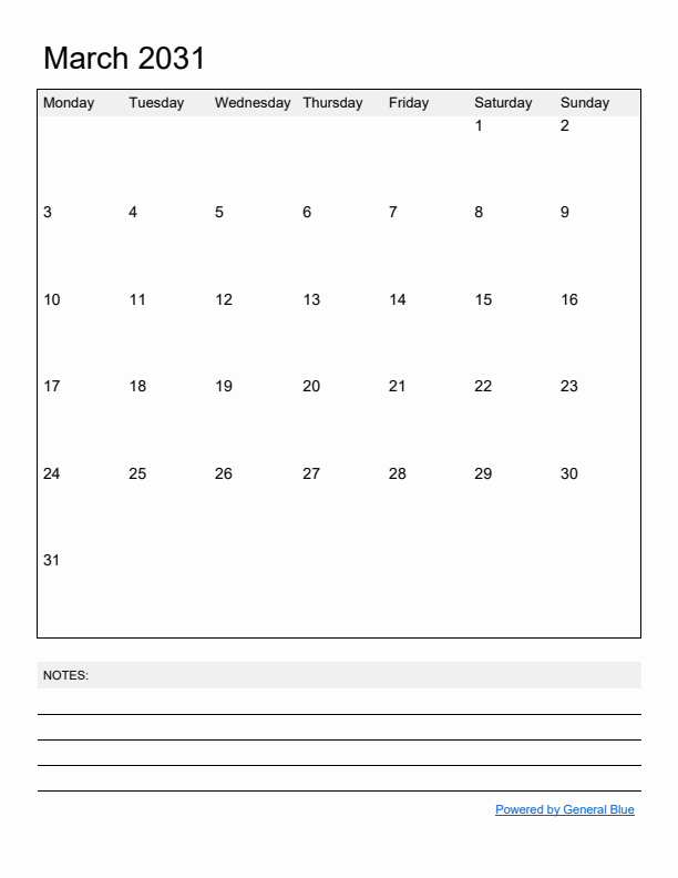 Basic Monthly Calendar Template for March 2031