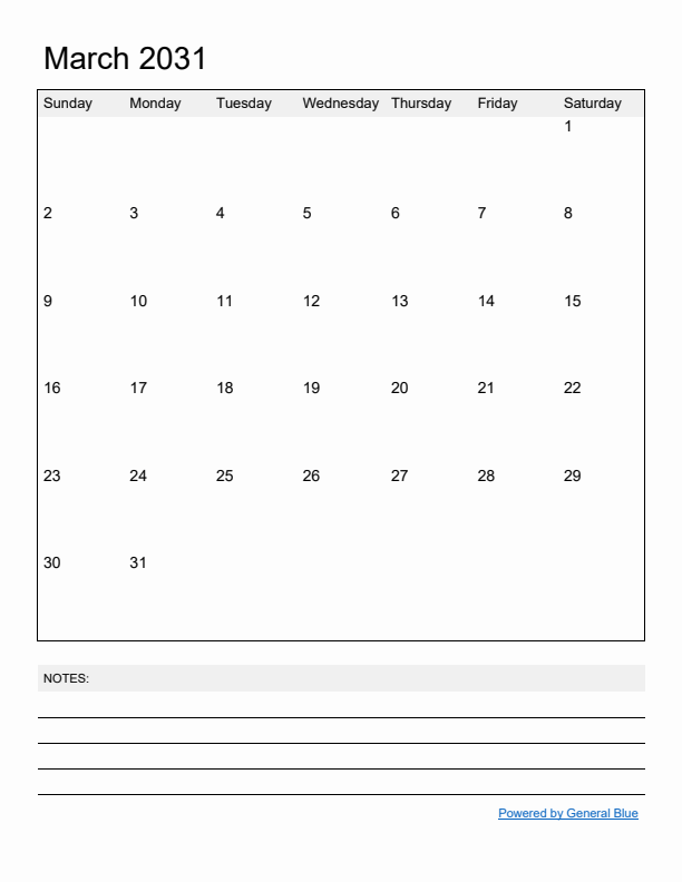 Basic Monthly Calendar Template for March 2031