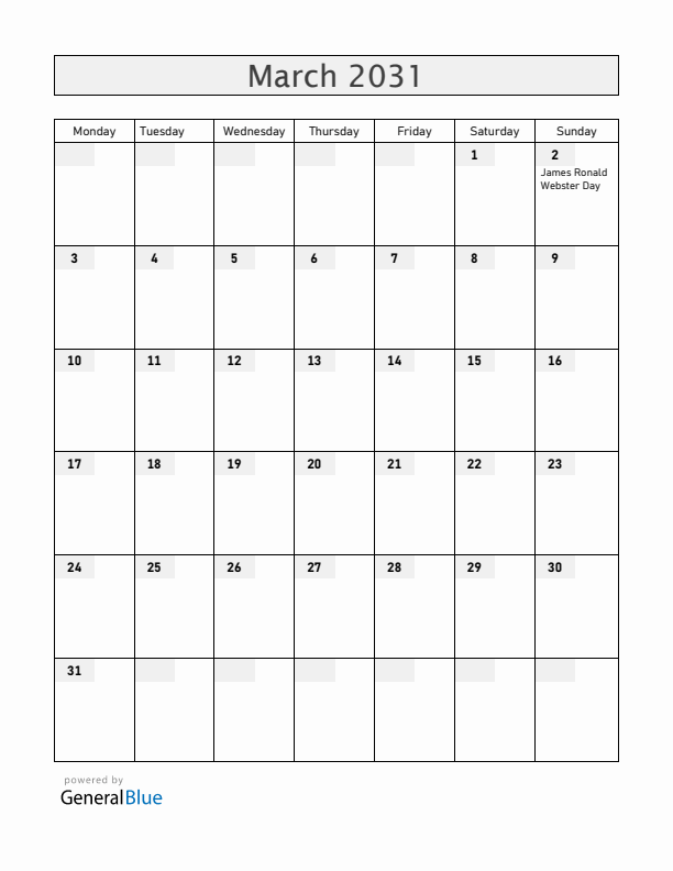 Anguilla March 2031 Calendar with Holidays
