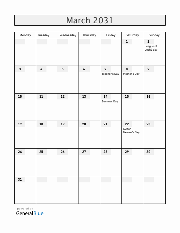 Albania March 2031 Calendar with Holidays