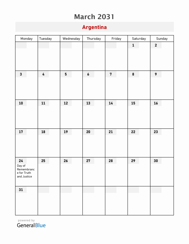 Argentina March 2031 Calendar with Holidays