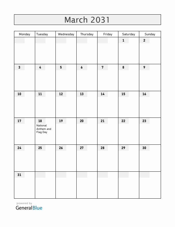 Aruba March 2031 Calendar with Holidays