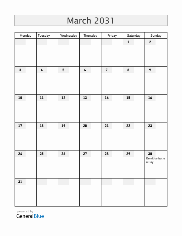 Aland Islands March 2031 Calendar with Holidays