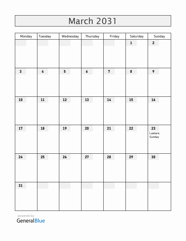 Saint Barthelemy March 2031 Calendar with Holidays