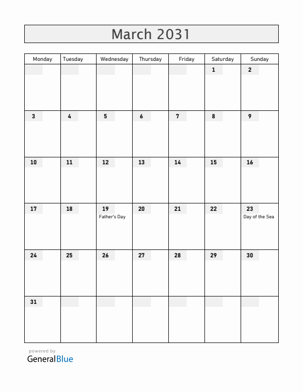 Bolivia March 2031 Calendar with Holidays