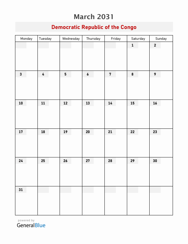 Democratic Republic of the Congo March 2031 Calendar with Holidays