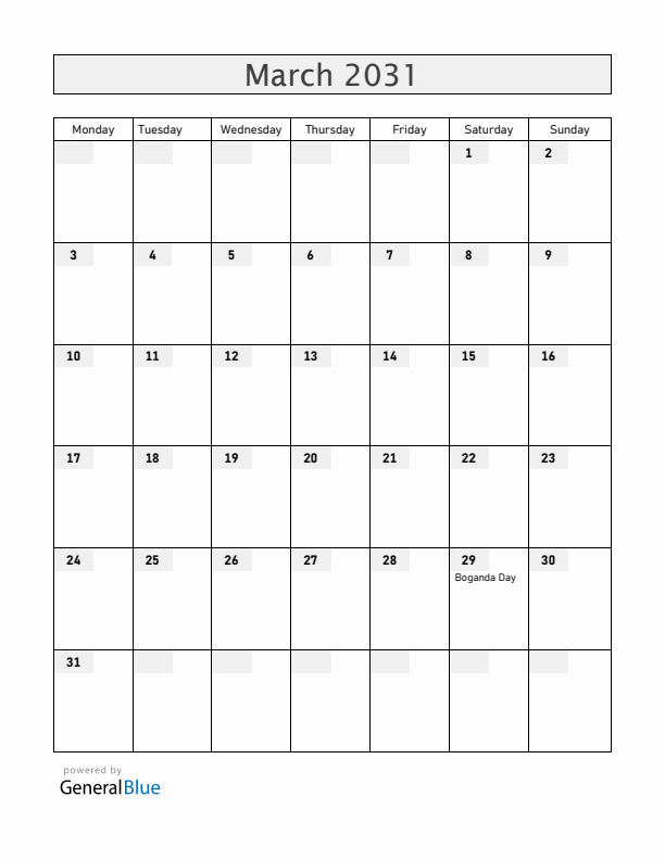 Central African Republic March 2031 Calendar with Holidays