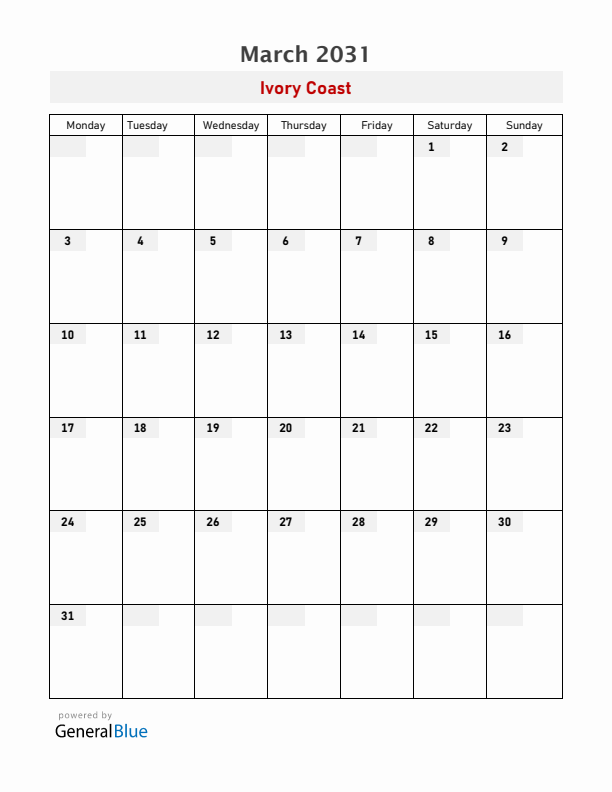 Ivory Coast March 2031 Calendar with Holidays