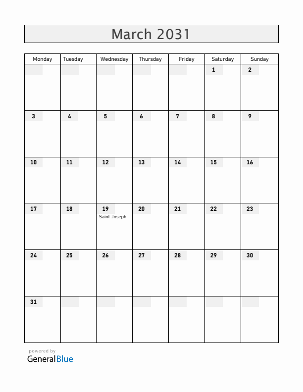 Spain March 2031 Calendar with Holidays