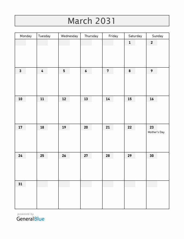 Guernsey March 2031 Calendar with Holidays