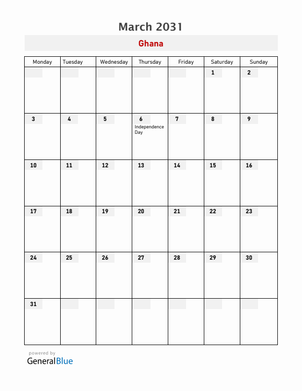 Ghana March 2031 Calendar with Holidays