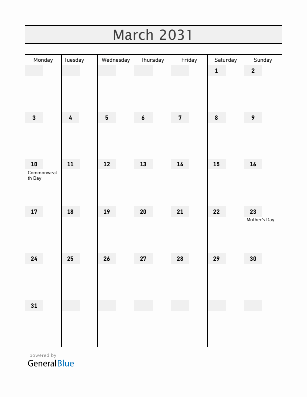 Gibraltar March 2031 Calendar with Holidays