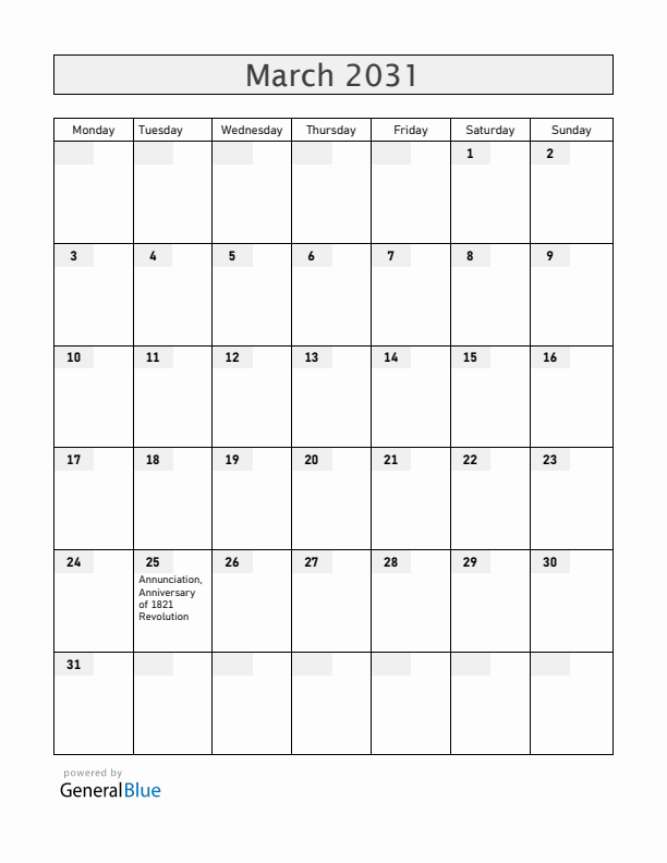 Greece March 2031 Calendar with Holidays