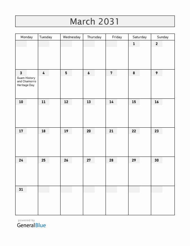 Guam March 2031 Calendar with Holidays
