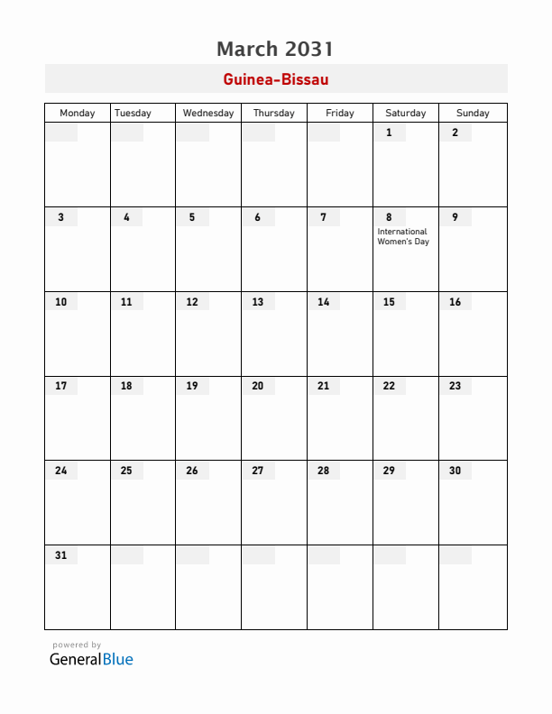 Guinea-Bissau March 2031 Calendar with Holidays