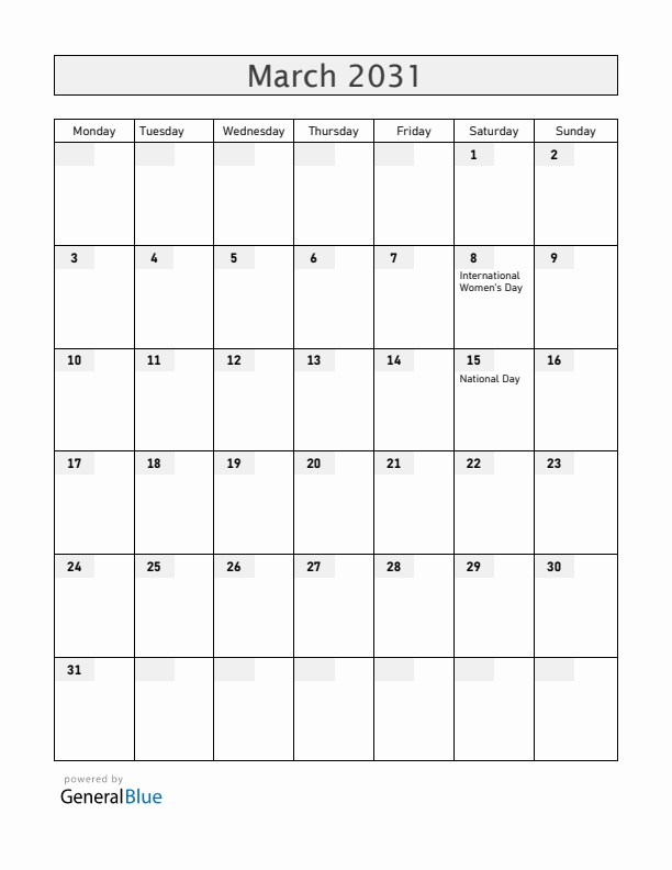 Hungary March 2031 Calendar with Holidays