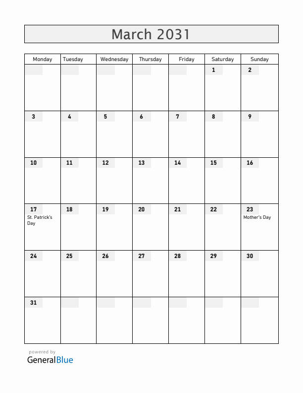 Ireland March 2031 Calendar with Holidays