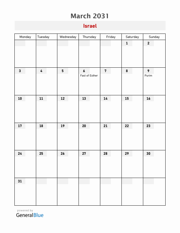 Israel March 2031 Calendar with Holidays