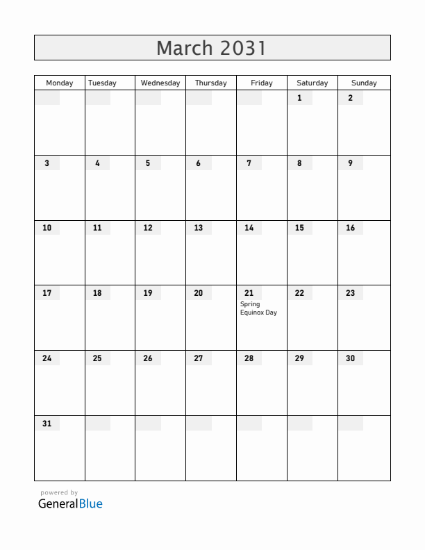 Japan March 2031 Calendar with Holidays