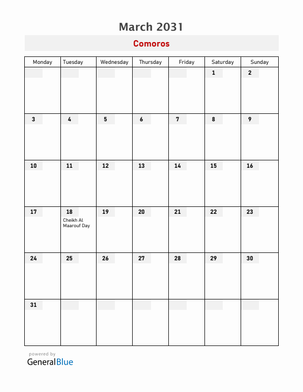 Comoros March 2031 Calendar with Holidays