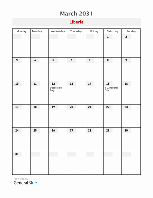 Liberia March 2031 Calendar with Holidays