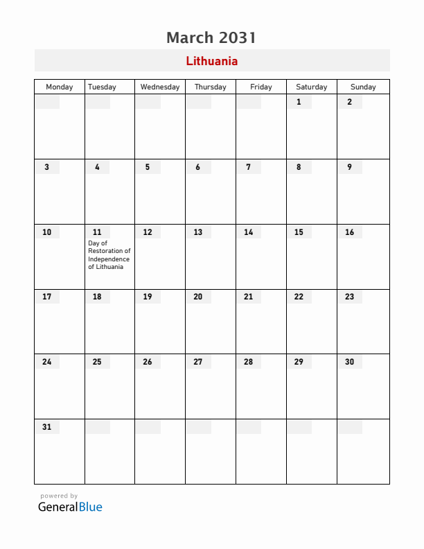 Lithuania March 2031 Calendar with Holidays