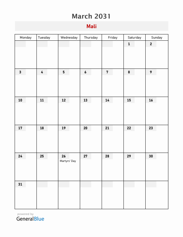 Mali March 2031 Calendar with Holidays