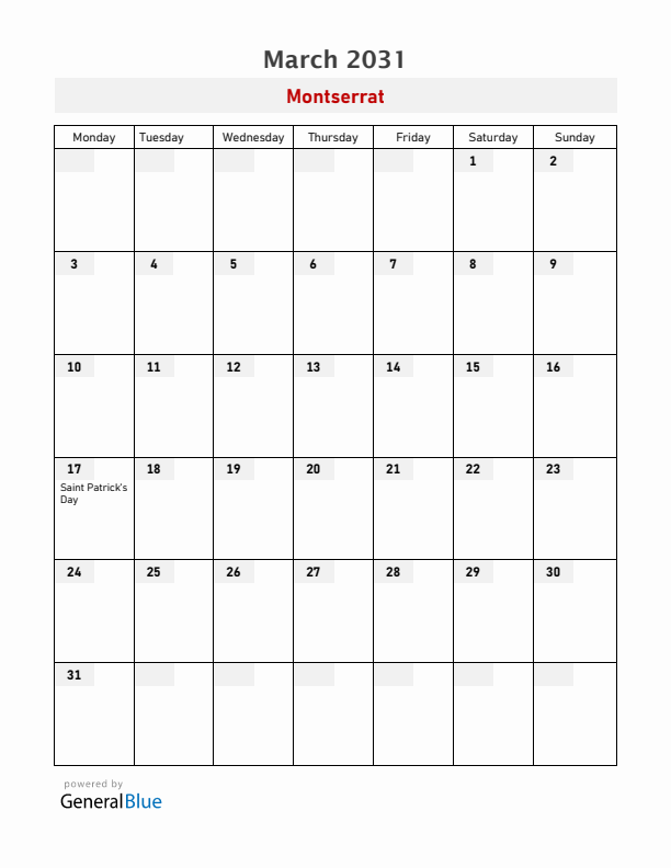 Montserrat March 2031 Calendar with Holidays